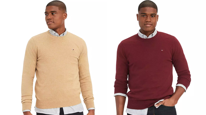 A Person Wearing Tommy Hilfiger Essential Crewneck Sweater in Beige and Rouge