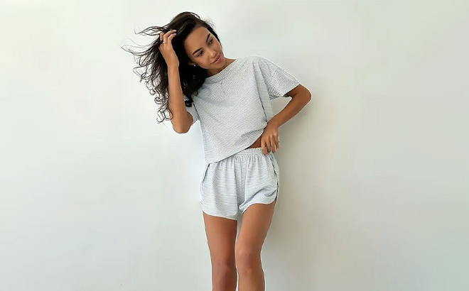 A Person Wearing a Comfy Short Sleeve Crop Top Side Split Shorts