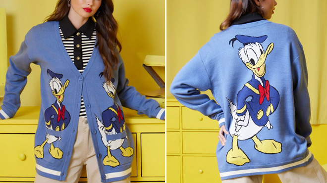 A Person wearing Her Universe Disney Donald Duck Girls Cardigan