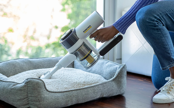 A Woman Cleaning a Pet Bed with the Karcher VCN 3 Cordless Stick Vacuum