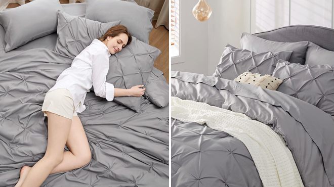 A Woman Sleeping in a Bed with Bedsure Queen Comforter Set in Grey