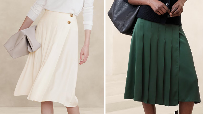 A Woman Wearing Banana Republic Factory Crepe Pintuck Midi Skirt