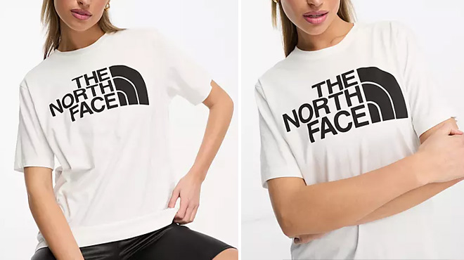 A Woman Wearing The North Face Half Dome T Shirt in White