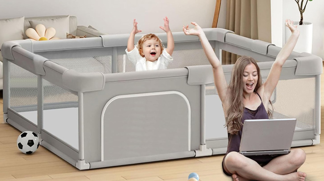 A baby inside a Hiaksedt Baby Playpen