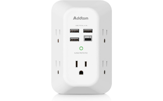 Addtam USB Wall Charge Surge Protector on a Plain Background