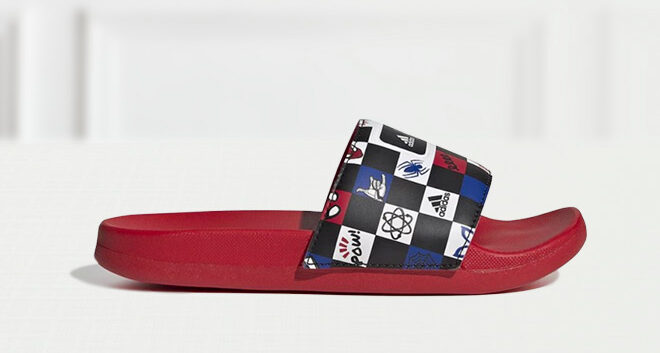 Adidas Adilette Comfort Spiderman Slide on the Table