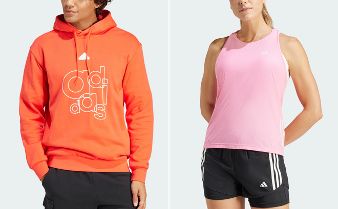 Adidas Mens Graphic Print Fleece Hoodie and Womens Own The Run Tank Top