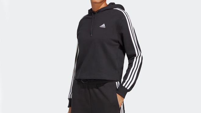 Adidas Womens 3 Stripes French Terry Crop Hoodie