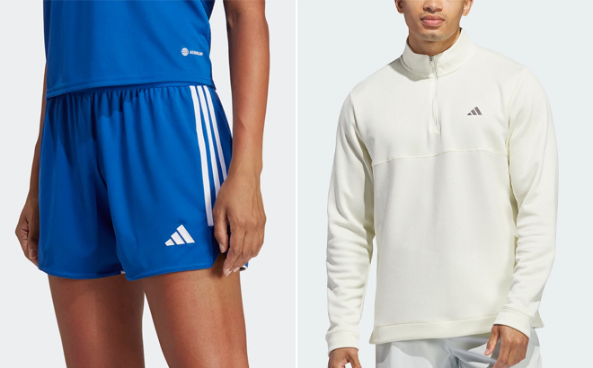 Adidas Womens Tiro 23 League Shorts and Mens Ultimate365 Textured Quarter Zip Top