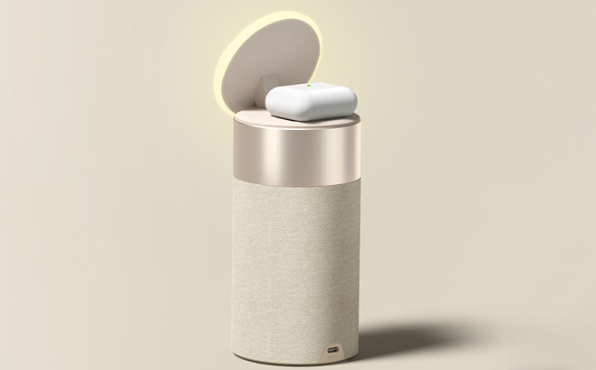 AirPods on Colsur Wireless Charger Speaker