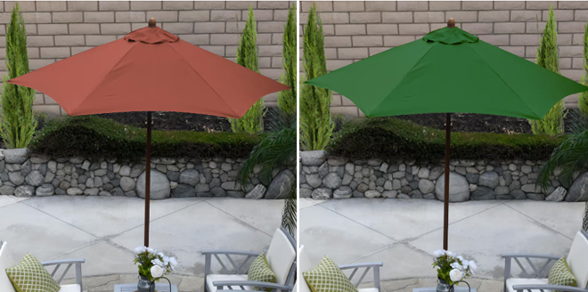 Astella 7 5 Foot Faux Wood Patio Umbrellas in Brick and Hunter Green Colors