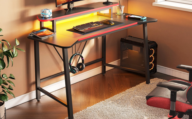 Bestier Gaming Desk Computer Office Table with LED Lights