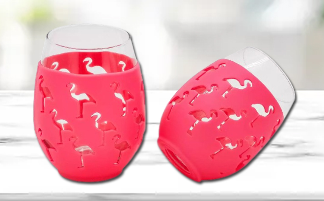 Celebrate Together Summer Flamingo Stemless Wine Glasses on a Table