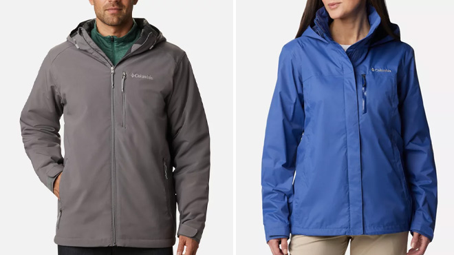 Columbia Men’s Gate Racer Insulated Softshell Jacket and Women's Pouration Rain Jacket