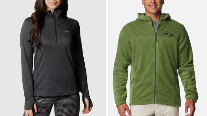 Columbia Women's Grid Half Zip Fleece Pullover and Men's Steens Mountain Full Zip Fleece Hoodie