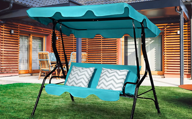 Costway 3 Seats Canopy Swing Glider in Blue Color