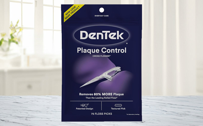 DenTek Plaque Control Floss Picks 75 Count Pack on a Bathroom Counter