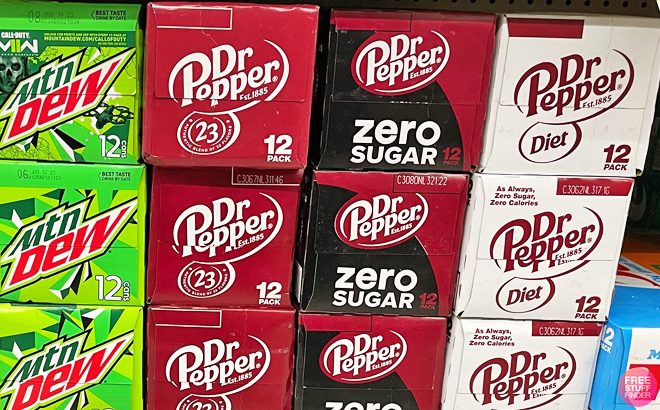 Dr Pepper 12 Packs on a Shelf