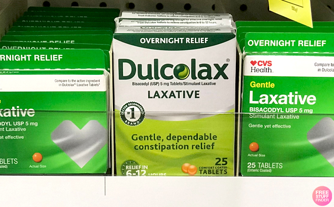 Dulcolax Bisacodyl 25 Count Stimulant Laxative Pills Box on a Shelf