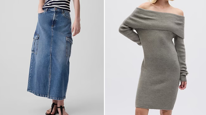 GAP Denim Cargo Maxi Skirt and Off Shoulder Mini Sweater Dress