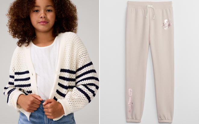 GAP Factory Kids Crochet Cardigan and Disney Minnie Mouse Graphic Joggers