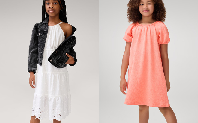 GAP Factory Kids Tiered Eyelet Midi Dress and Kids Crinkle Cotton Puff Sleeve Dress