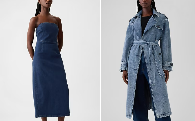 GAP Strapless Denim Midi Dress and Longline Icon Denim Trench Jacket