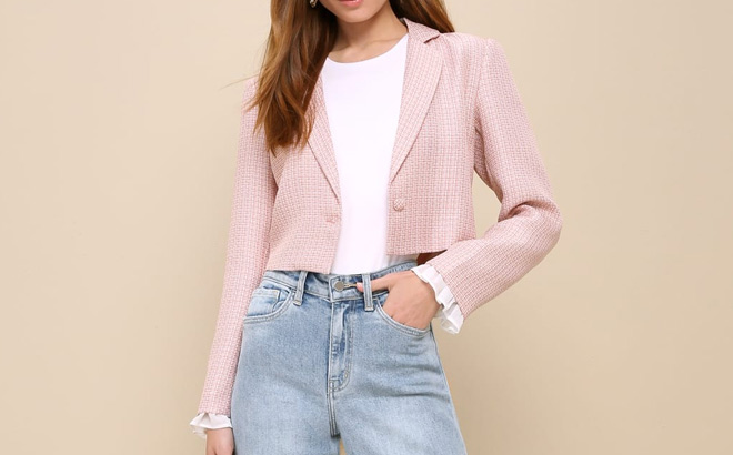 Girlboss Glam Pink Tweed Ruffled Cropped Blazer