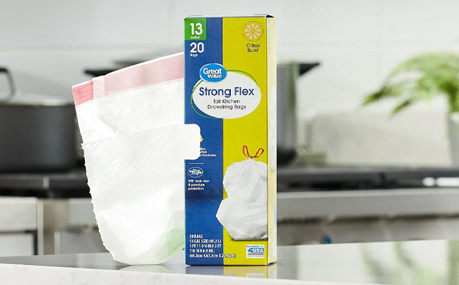 Great Value Strong Flex 13 Gallon Drawstring Tall Kitchen Trash Bags on the Table