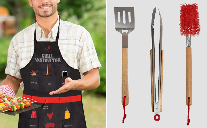 Hammer Axe Grill Instructor Apron and Food Network 3 Piece BBQ Utensil Set