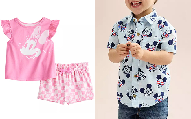 Jumping Beans Disneys Minnie Mouse Baby Girl Flutter Tee Set and Disneys Mickey Mouse Baby Toddler Boy Short Sleeve Button Down Shirt