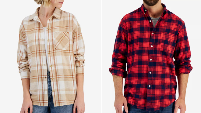 Just Polly Womens Flannel Shirt and Club Room Mens Plaid Flannel Shirt