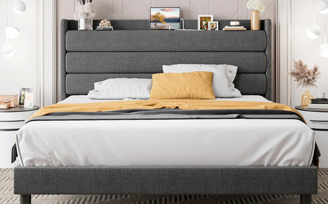LIKIMIO King Bed Frame Storage Headboard with Outlets
