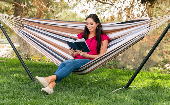 Lady sitting on a Brazilian Style Double Hammock