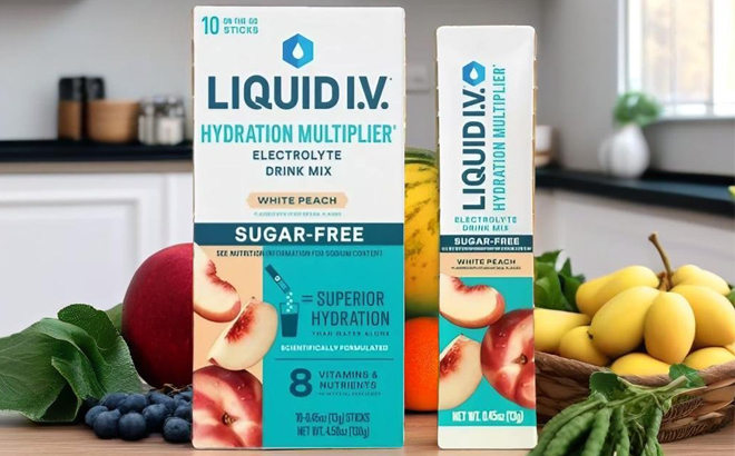 Liquid IV Sugar Free Hydration Multiplier Vegan Powder Electrolyte Supplements in White Peach Flavor