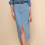 Lulus Denim Textured Raw Hem Midi Skirt