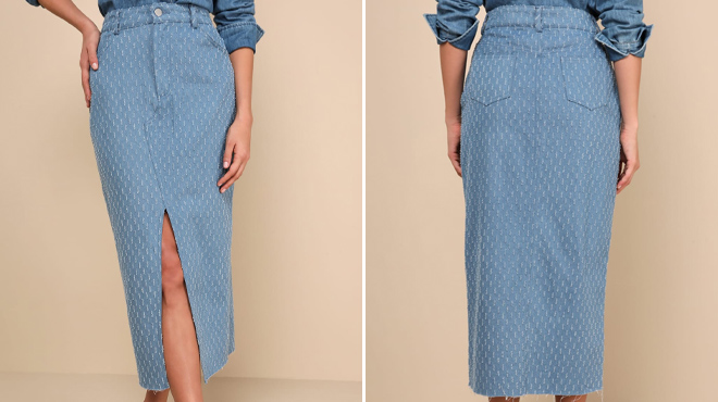Lulus Denim Textured Raw Hem Midi Skirts