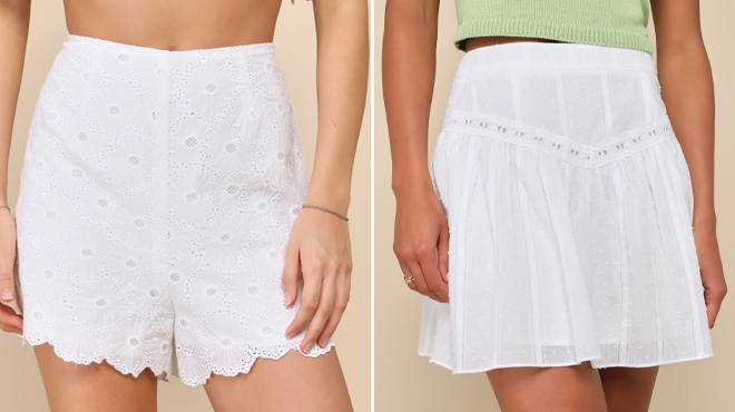 Lulus Embroidered High Rise Shorts and Dot Lace Mini Skirt