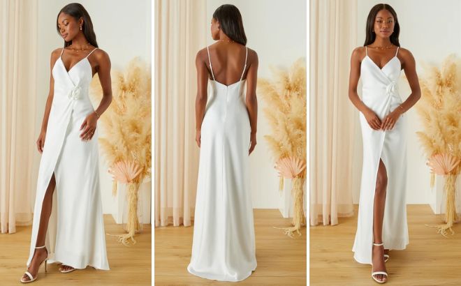 Lulus Height of Romance White Satin Rosette A Line Maxi Dress