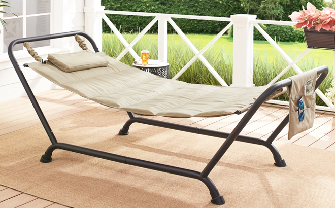 Mainstays Belden Park Polyester Hammock with Stand and Pillow in Beige