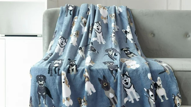 Mainstays Plush Throw Blanket in Blue Dogs Style on a Sofa