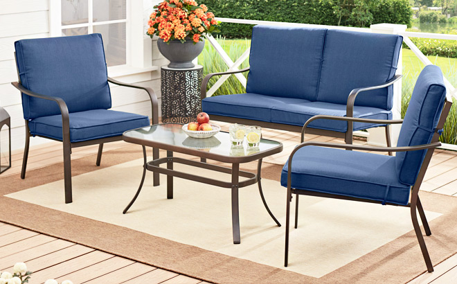 Mainstays Stanton 4 Piece Outdoor Patio Conversation Set in Blue Color