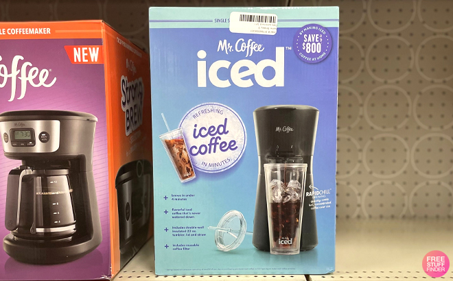 Mr Coffee Iced Coffee Maker with Reusable Tumbler on a Shelf