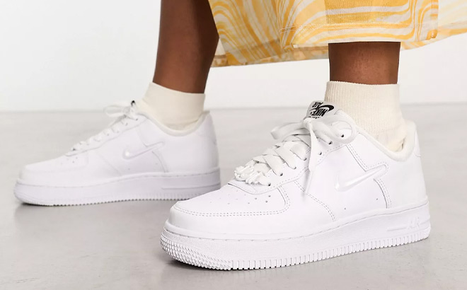 Nike Air Force 1 07 Shoes in White and Iridescent Swoosh Color