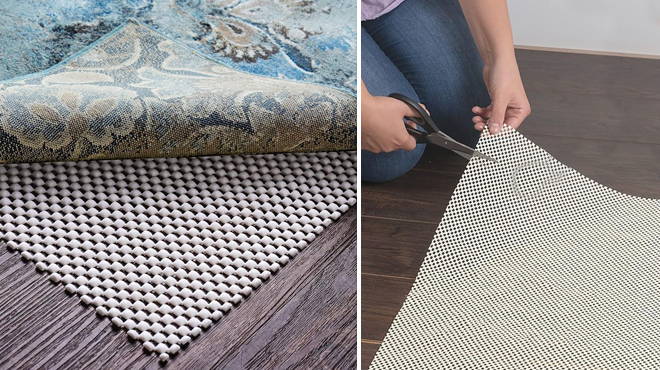 Non Slip Rug Pad Gripper and a Person Cutting a Non Slip Rug Pad Gripper