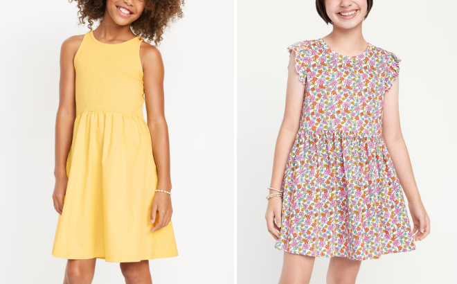 Old Navy Girls Sleeveless Mixed Material and Flutter Sleeve Fit and FlareDresses