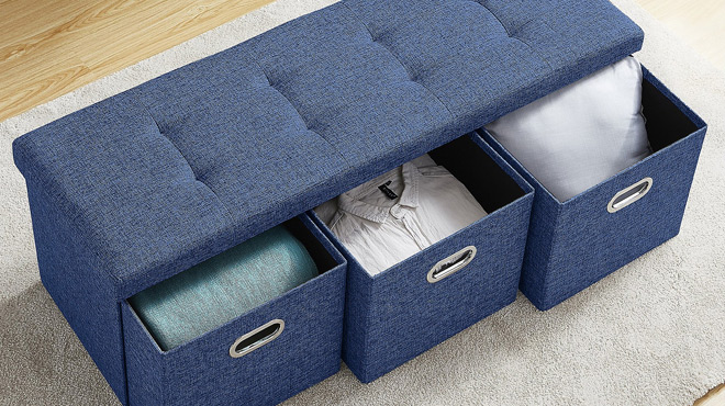 Ornavo Home Storage Long Bench Ottoman in Blue