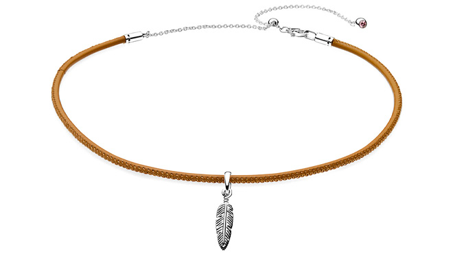 Pandora Silver & Golden Tan Leather Choker with Feather Charm Necklace