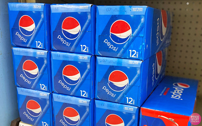 Pepsi 12 Packs on a Shelf
