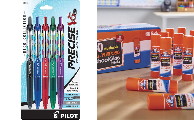 Pilot Precise V5 RT Deco Collection Refillable Retractable Liquid Ink Rolling Ball Pens and Elmers All Purpose School Glue Sticks